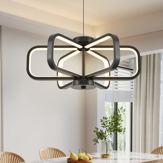 Gednbo Modern Chandelier for Dining Room LED Dimmable Black Chandelier Light Fixture, Height-Adjustable, 3000K Warm Light 6 Square Chandelier for Dining Room, Kitchen Island, Foyer, Entryway, Stairway