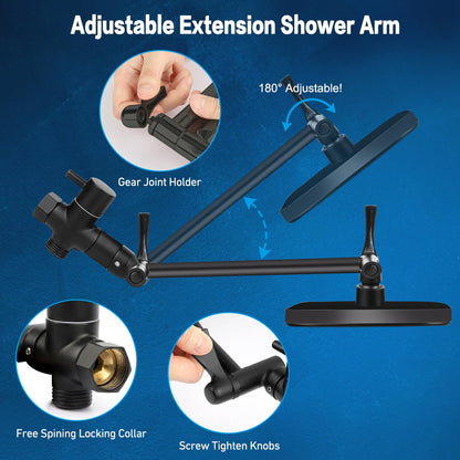 Shower Head 12 Inch, High Pressure Rainfall Shower Head/Handheld Shower Combo with Extension Arm, 6 Settings Anti-leak Shower Head with Holder, Hose, Height Adjustable Dual Shower Head, Matte Black