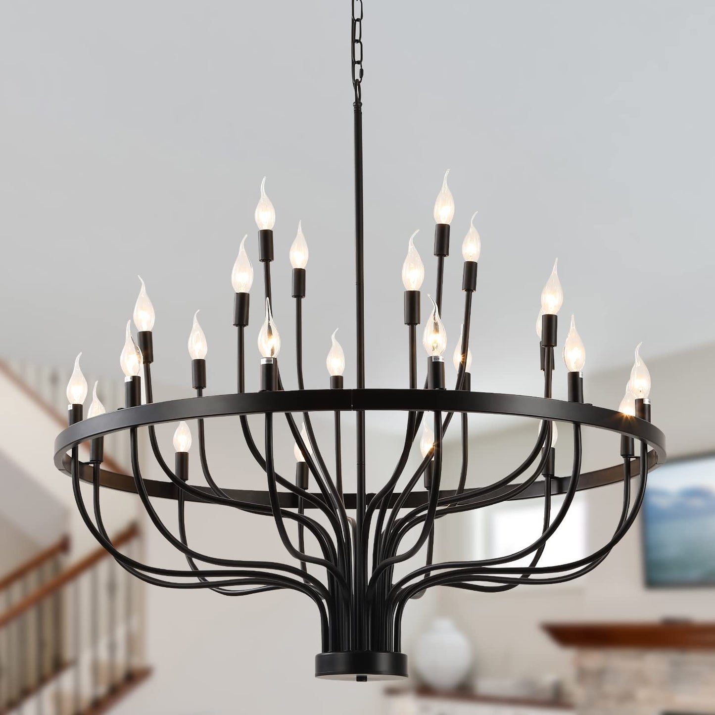 Peonacy Black Farmhouse Chandelier 24 Light, Large Modern Candle Industrial Round Iron Chandeliers Wagon Wheel Chandelier 39 inch for Dining Room Living Room High Ceilings Foyer Entryway