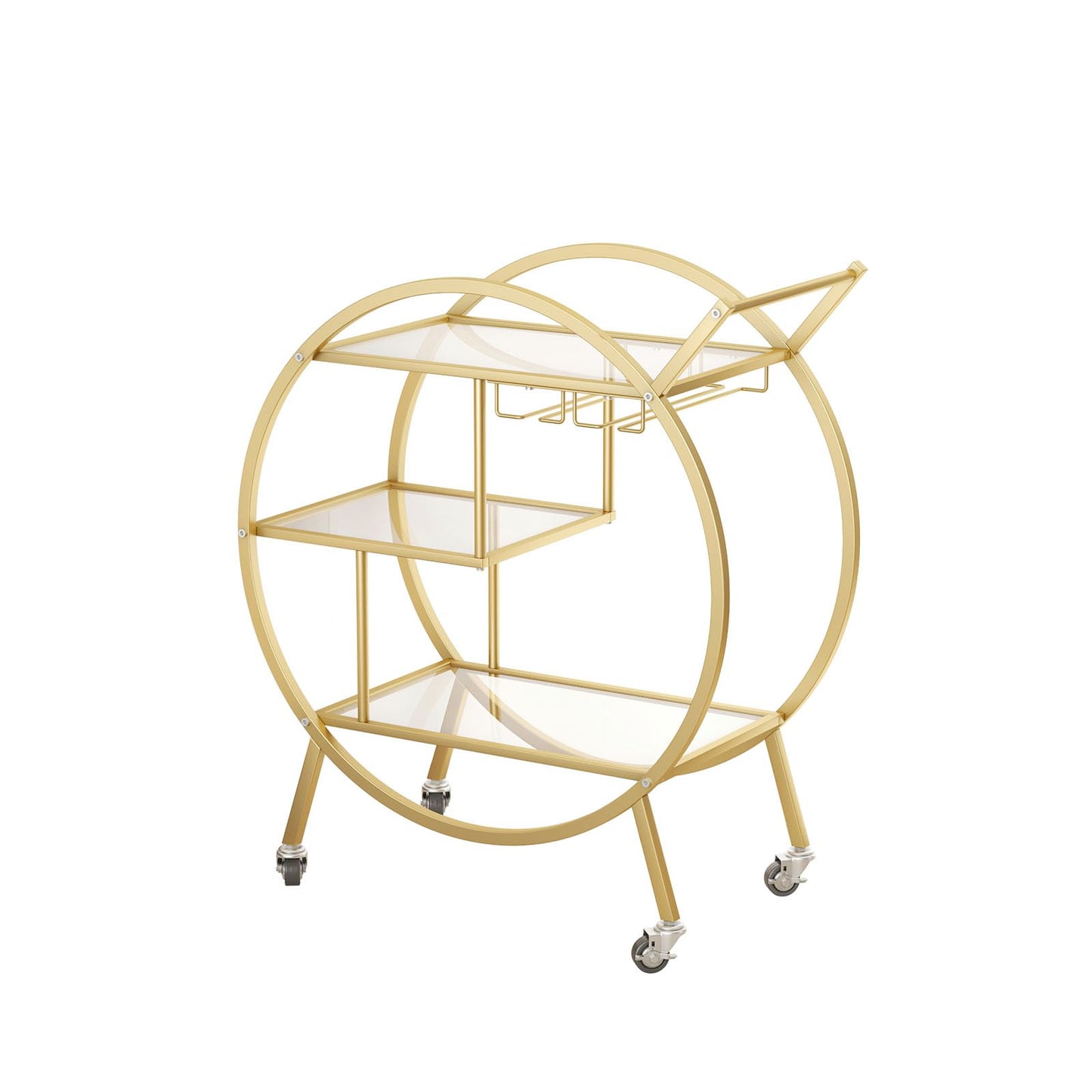 SMARTISBEAUTY Gold Bar Carts with Glass Holders and Wine Rack,3 Tier Rolling Bar Serving Carts with Glass Shelves,Metal Bar Carts for The Home Kitchen, Party Outdoor Indoor (0 Handle)