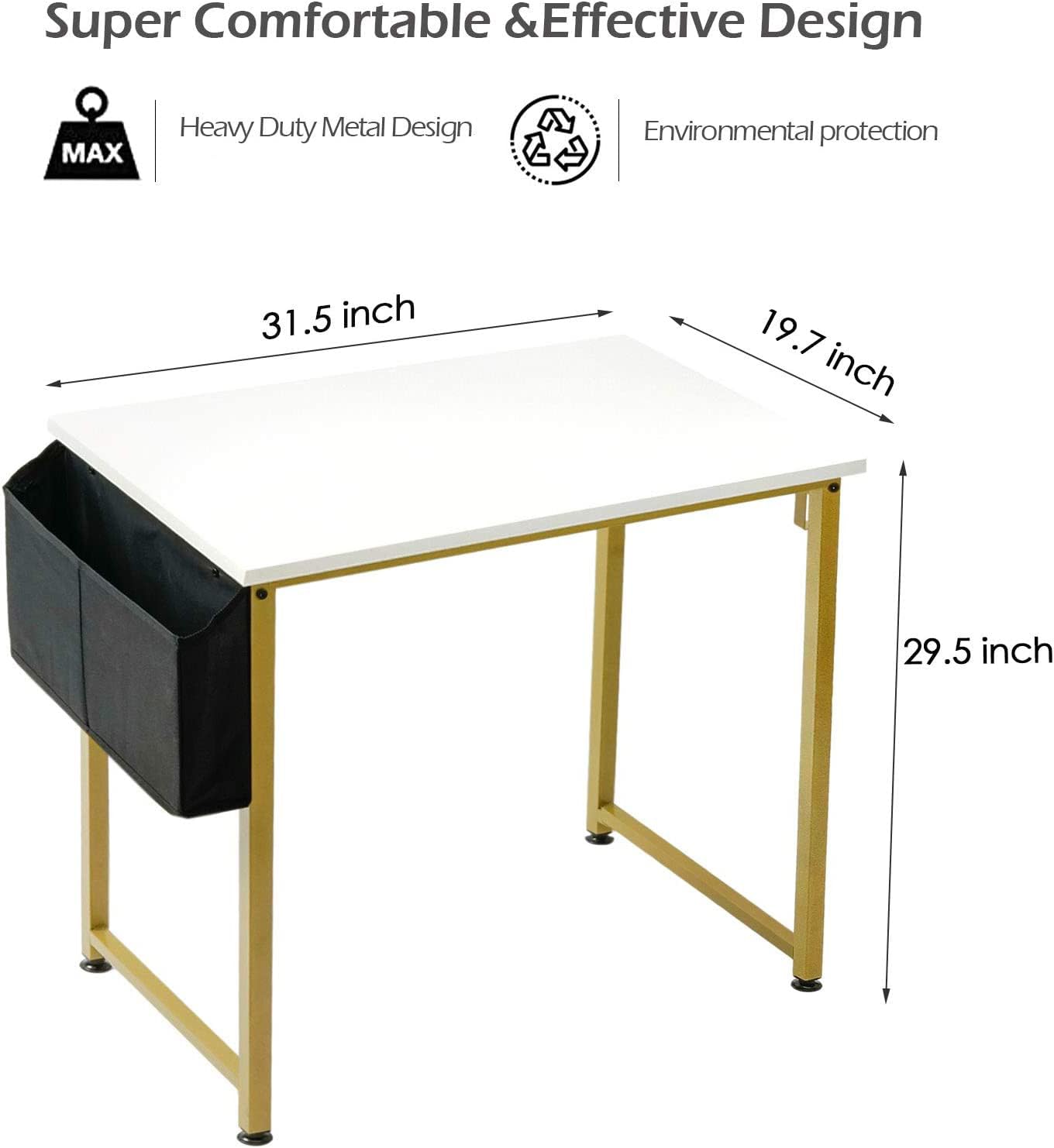 Lufeiya Small Computer Desk White Writing Table for Home Office Small Spaces 31 Inch Modern Student Study Laptop PC Desks with Gold Legs Storage Bag Headphone Hook,White Gold