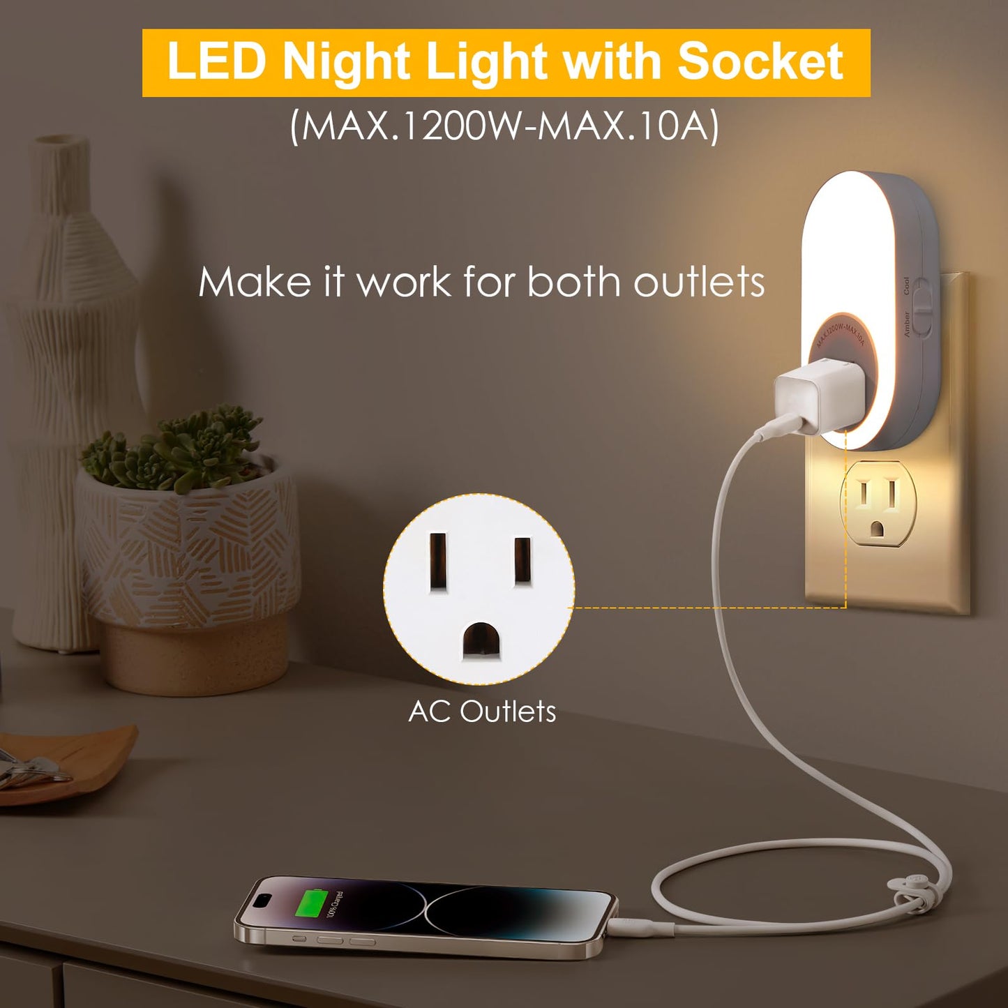 Dawnrise Night Lights Plug Into Wall,Dusk to Dawn Sensor Night Light with Power Outlet,CCT 2700K/4000K,5/20LM Adjustable Brightness for Bedroom,Kitchen,Living Room,Office,2PK