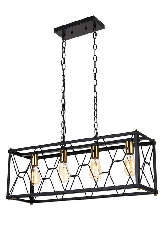 Luburs Rectangle Chandeliers for Dining Room, Black Farmhouse Dining Room Light Fixture, 4-Lights Kitchen Island Light, Modern Industrial Rustic Island Lights for Dining Room, Kitchen Island