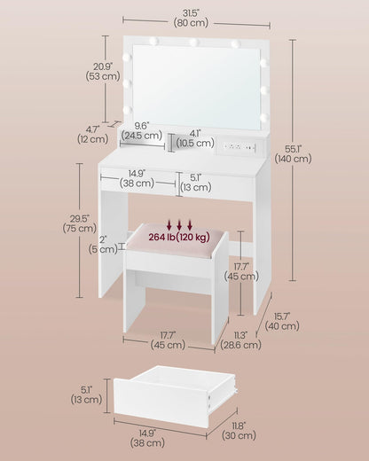 VASAGLE Makeup Vanity Desk with Lights and Stool