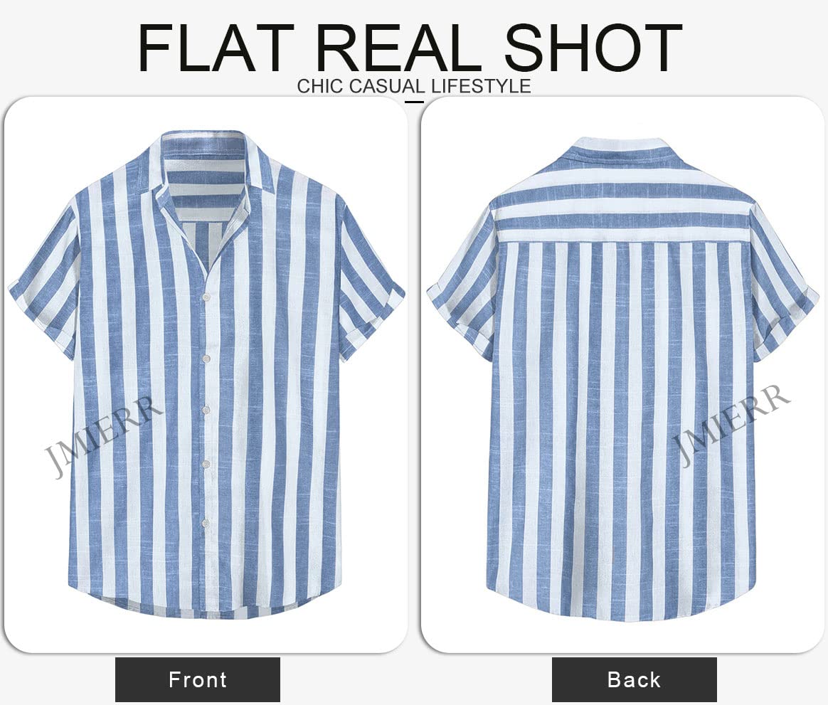 JMIERR Men's Summer Casual Stylish Short Sleeve Button-Down Shirts Cotton Linen Vertical Striped Dress Shirts Beach Hawaiian Shirt Cruise Wear Men, S, Sky Blue