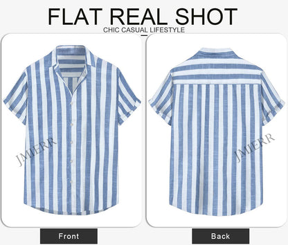 JMIERR Men's Summer Casual Stylish Short Sleeve Button-Down Shirts Cotton Linen Vertical Striped Dress Shirts Beach Hawaiian Shirt Cruise Wear Men, S, Sky Blue