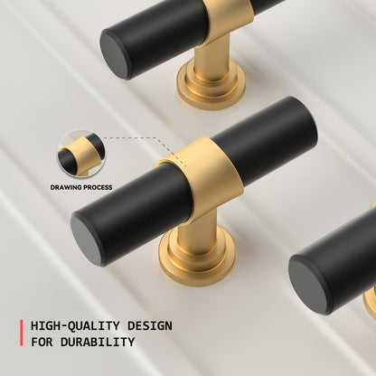 homdiy 30 Pack Cabinet Knobs Gold & Black Drawer Knobs for Dresser Cupboard Door, Modern Kitchen Cabinet Knobs Brushed Brass - Mette Black T Bar Knobs with 2 Inch Overall Length