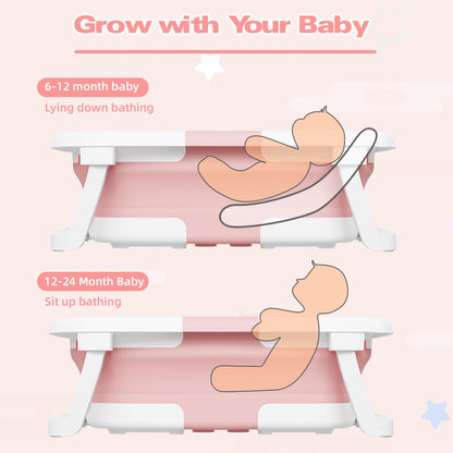 NAPEI Collapsible Baby Bathtub,Baby Bath Tub with Soft Cushion & Thermometer,Baby Bathtub Newborn to Toddler 0-36 Months,Portable Travel Baby Tub,Pink