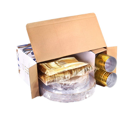 WDF 30Guest Clear and Gold Plastic Plates with Gold Plastic Silverware include 30 Dinner Plates,30 Salad Plates,30 Forks, 30 Knives,30 Spoons,30 Cups for Thanksgiving