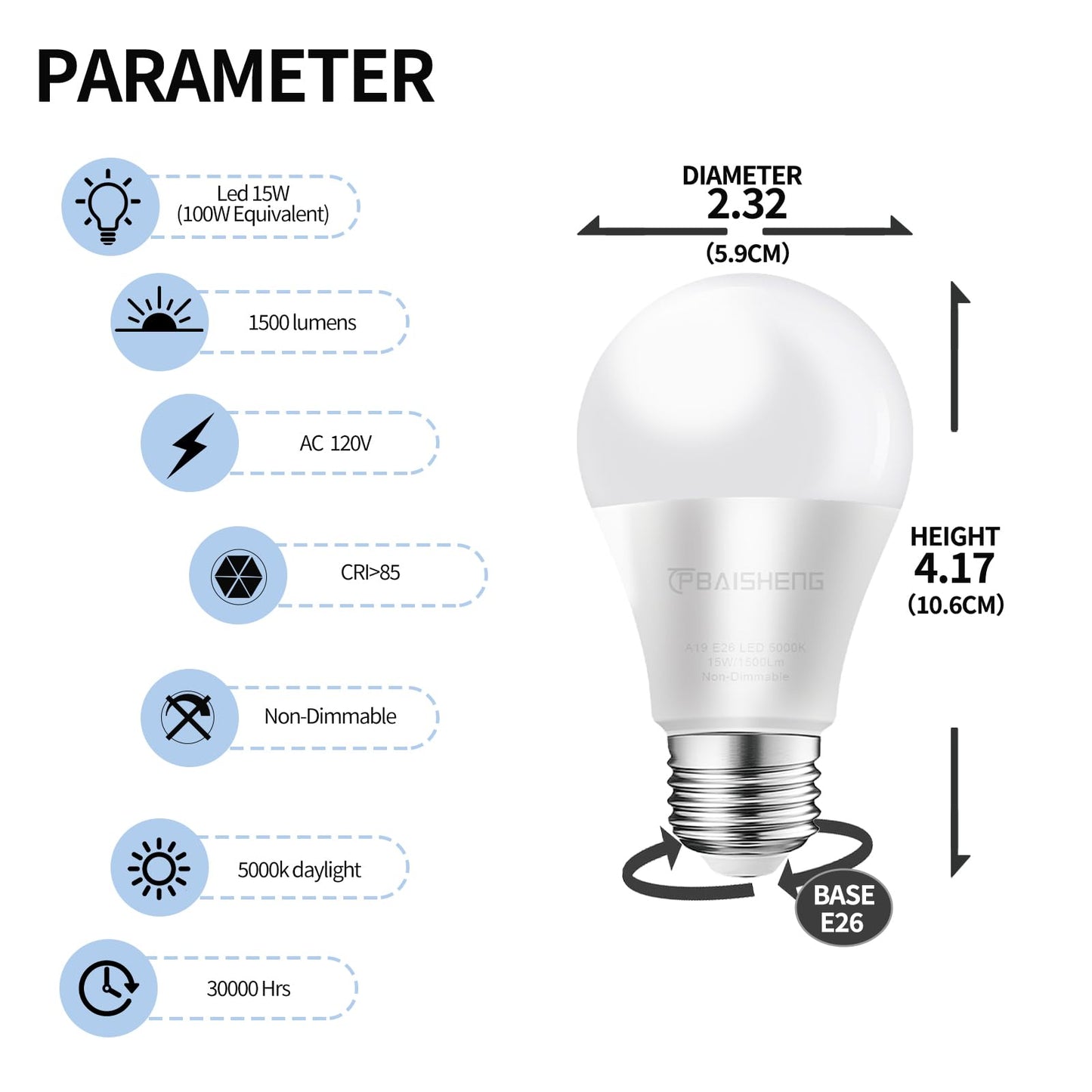 TPBAISHENG 15W LED Light Bulbs 100 Watt Equivalent, No Flicker, 1500 Lumens, 5000K Daylight Super Bright 100 Watt Equivalent Light A19 LED Bulb, Non-Dimmable, E26, CRI 85+, 30000+ Hours (6, 5000K)