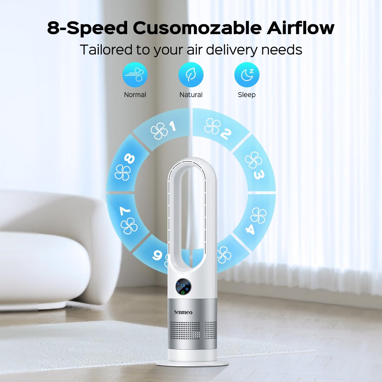 Senmeo Bladeless Fan, 26" Bladeless Tower Fan with Remote, 8 Speeds, 90° Oscillation, 9 Hour Timer, Large LED Display with Auto Off, Easy to Clean, Standing Floor Fan for Bedroom, Home, Office