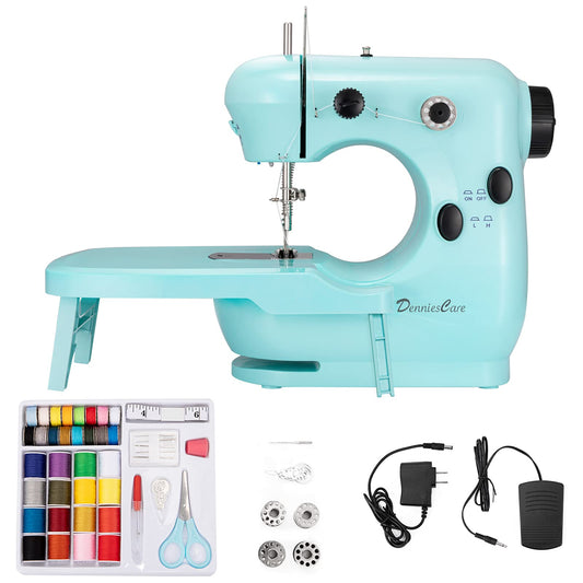 DenniesCare Mini Sewing Machine Handheld Sewing Machine for Beginners Sowing Machine with Extension Table Light Sewing Kit Sewing Products Cyan Sky