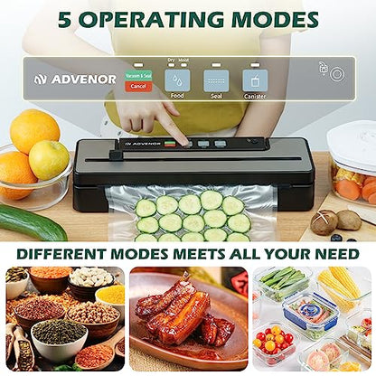 ADVENOR Vacuum Sealer Machine with Cutter Widened Double Sealing Strips and Bag Storage, 85Kpa Dry Moist Food Modes Upgraded Locking Design Includes 2 Bag Rolls 8.6"x16'and 11"x16'
