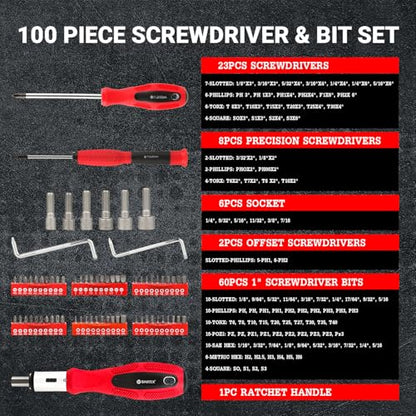 BARTEX 100-Piece Magnetic Screwdriver Set | Slotted, Phillips, Pozidriv, Hex, Torx, Precision, Ratcheting Screwdrivers, Nut Drivers | Comprehensive Hand Tools with Storage Rack