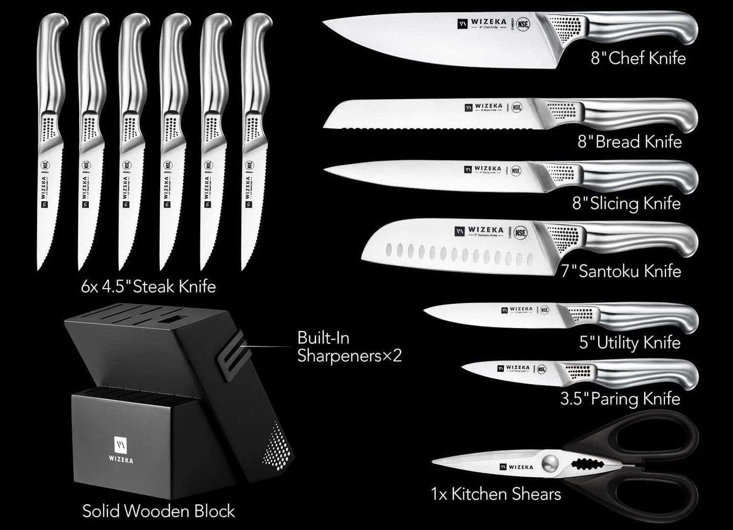 WIZEKA 15PCS Stainless Steel Kitchen Knife Set