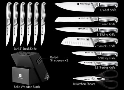 WIZEKA 15PCS Stainless Steel Kitchen Knife Set