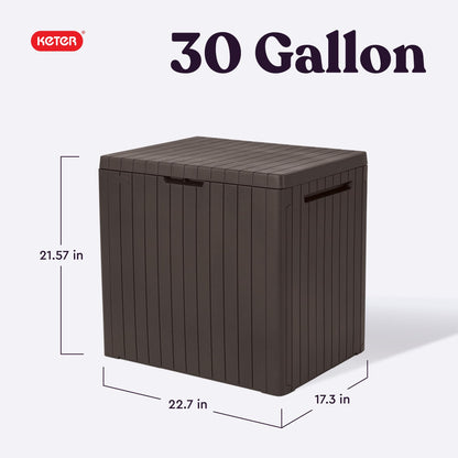 Keter City 30 Gallon Resin Deck Box for Patio Furniture, Pool Accessories, and Storage for Outdoor Toys, Brown