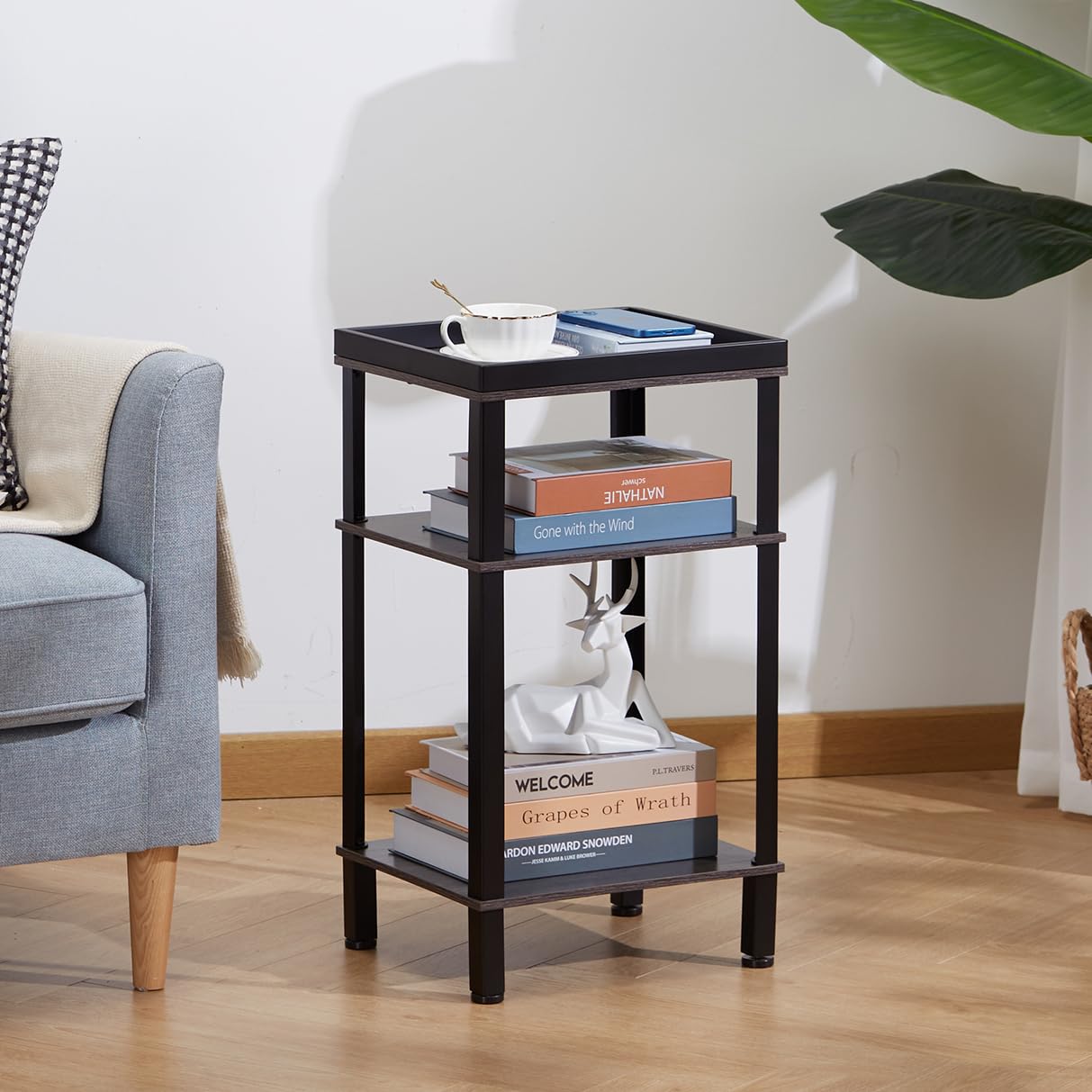 ZEXVIDA Side Table for Small Spaces,3 Tier End Table Under Desk Storage with Storage Shelf, Small Bedside Table,Nightstand for Living Room, Bedroom, Office,Grey