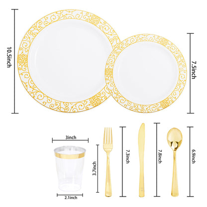 Plastic Plates, GreenElevate 150 Pieces Disposable Plates Plastic Dinnerware Set for 25 Guests: 25 Dinner Plates, 25 Dessert Plates, 25 Forks, 25 Spoons, 25 Knives, 25 Cups, Gold Party Plates