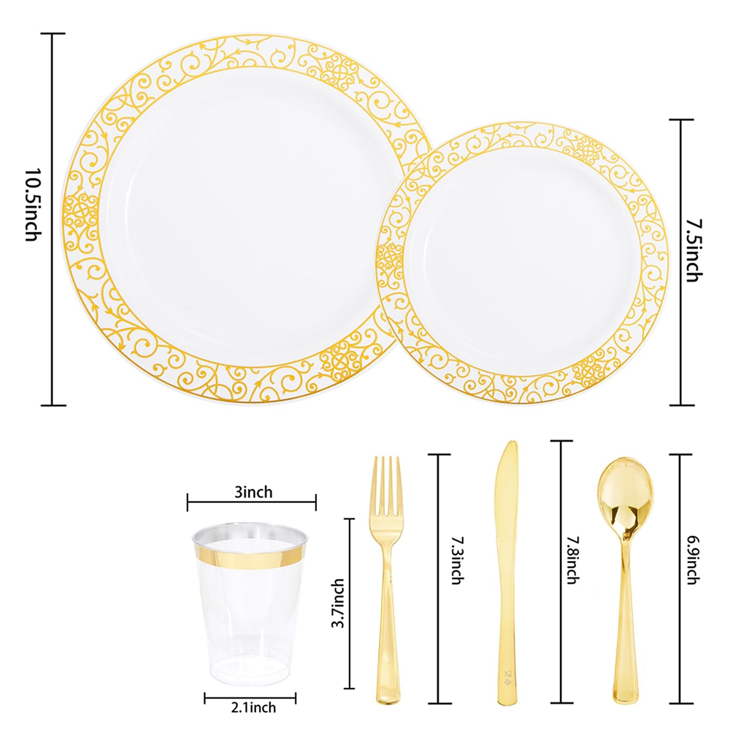 GreenElevate Plastic Plates, 150 Pieces Disposable Plates Plastic Dinnerware Set for 25 Guests: 25 Dinner Plates, 25 Dessert Plates, 25 Forks, 25 Spoons, 25 Knives, 25 Cups, Gold Party Plates