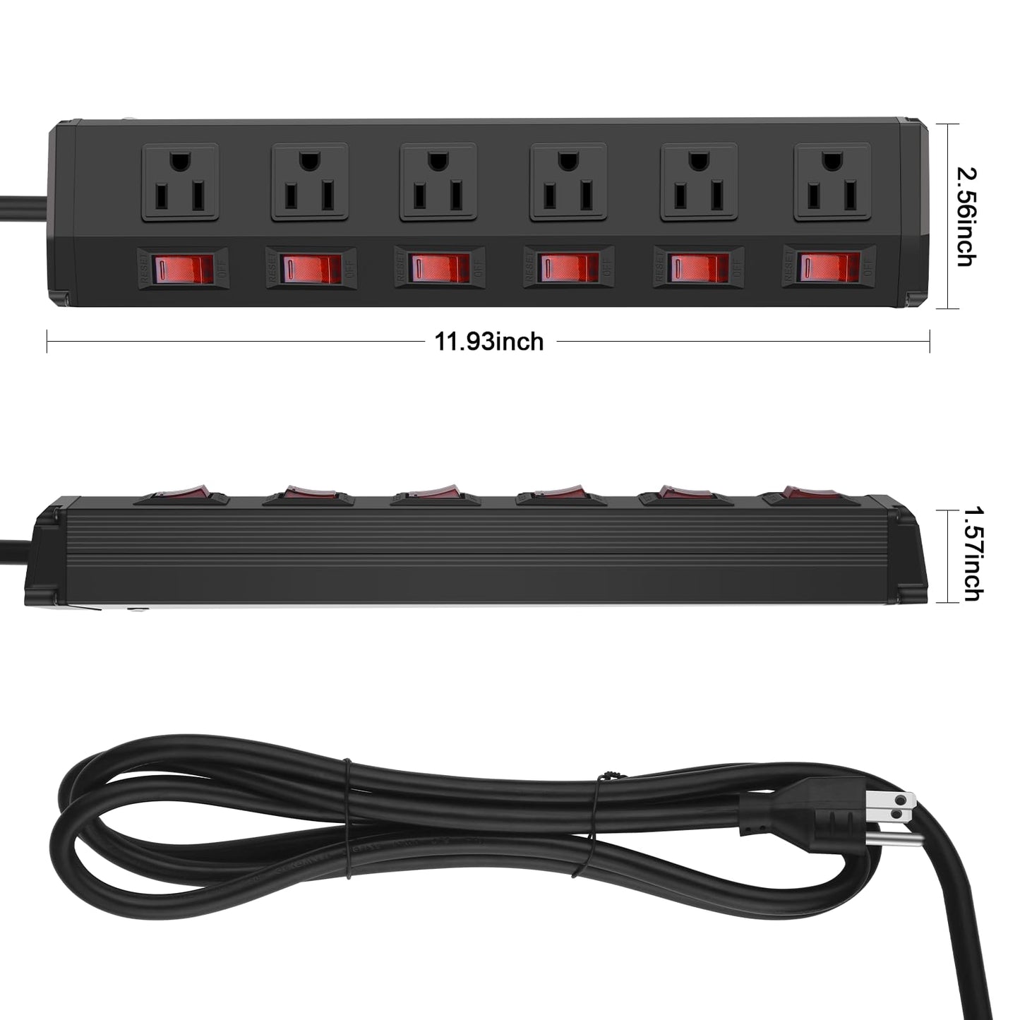 CCCEI Metal Power Strip Individual Switches 6 Outlets, Heavy Duty Power Strip Surge Protector for Appliances, 15FT Extension Cord Strip, 1200J Surge Protector 15A 120V 1800W.