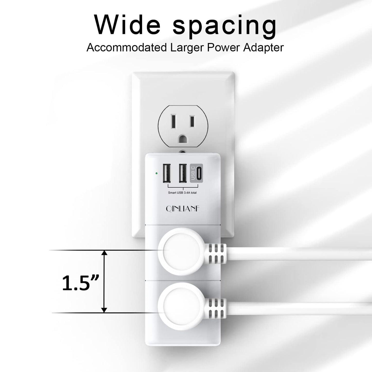 USB Outlet Extender Surge Protector - QINLIANF Multi Plug Outlet with Rotating Plug, 3-Sided Swivel Power Strip with 6 AC Spaced Outlet Splitter and 3 USB Ports (1 USB C) for Travel, Home, Office,ETL