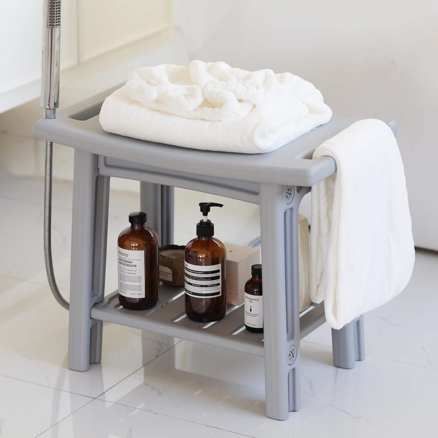 Waterproof Shower Bench Stool with Storage Shelf