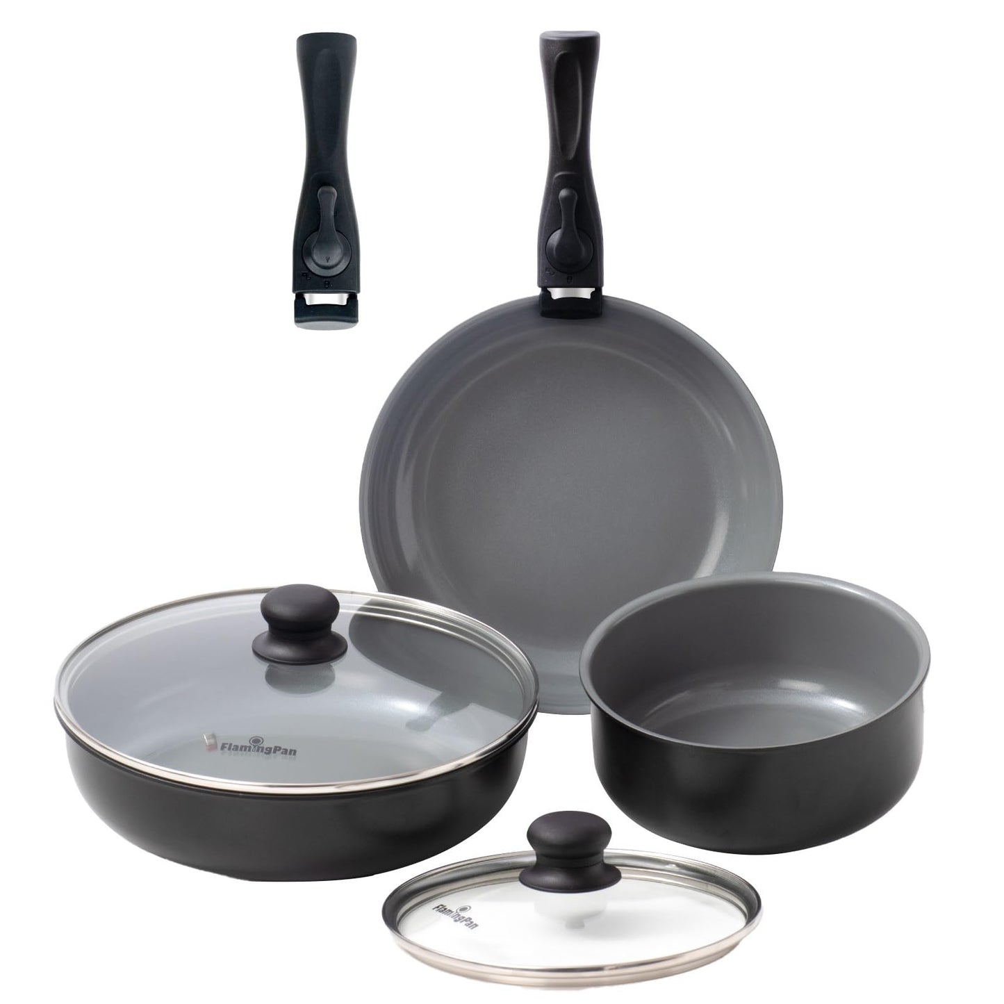 Flamingpan 7 Pcs Pots and Pans Set with Removable Handle, Nonstick Cookware Set with Removable Handle, Pans with Removable Handles, Dishwasher & Oven Safe, Suitable for All Stovetops (Black)