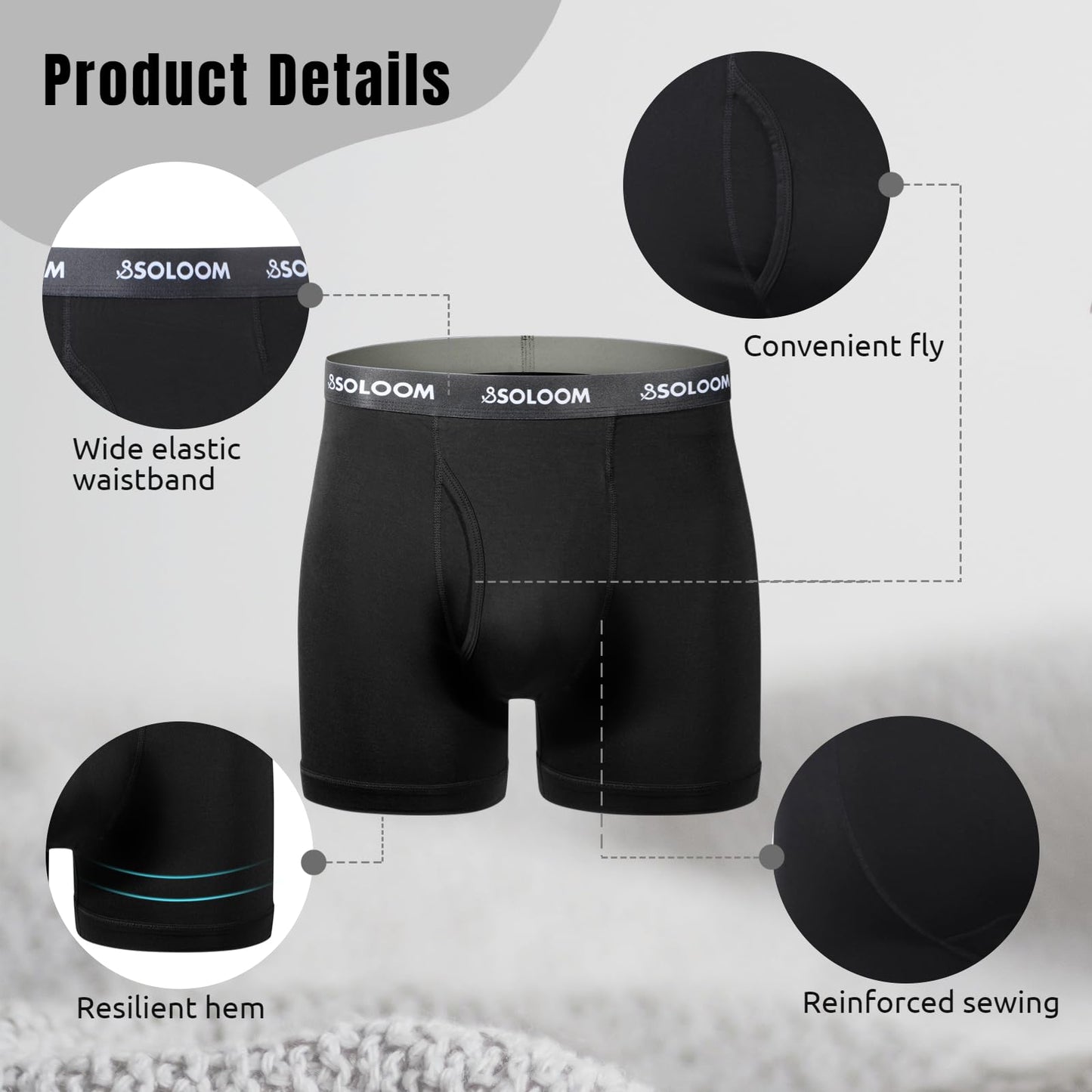 SOLOOM Mens Boxer Briefs, Moisture Wicking & Breathable Stretch Underwear For Men, Soft Full-Rise Mens Underwear 2 Pack Black
