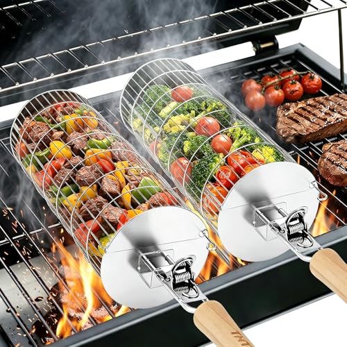 Rolling Stainless Steel Grill Basket with Removable Handle