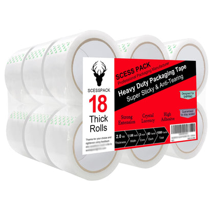 SCESSPACK Packing Tape(18 Rolls),2.0Mil Packaging Tape for Shipping Moving Sealing,1.88 Inch x 60 yd Per Roll,Total 1080 Yards
