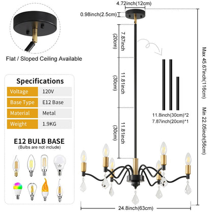 6-Light Black and Gold Chandelier with Crystal Decoration - Perfect for Farmhouse and Dining Room Lighting Fixtures