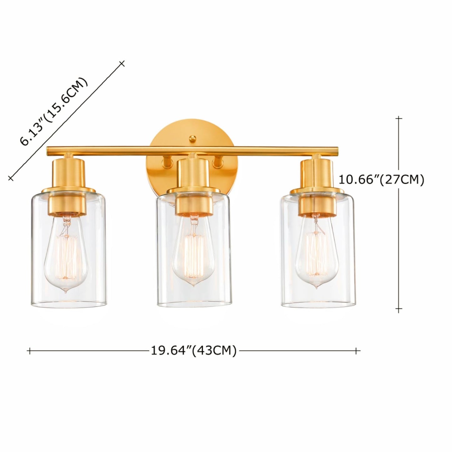 WISBEAM 3-Light Bathroom Vanity Light Over Mirror, Gold Bathroom Wall Sconce with Clear Glass Shade Including E26 Medium Base, Bulb NOT Included