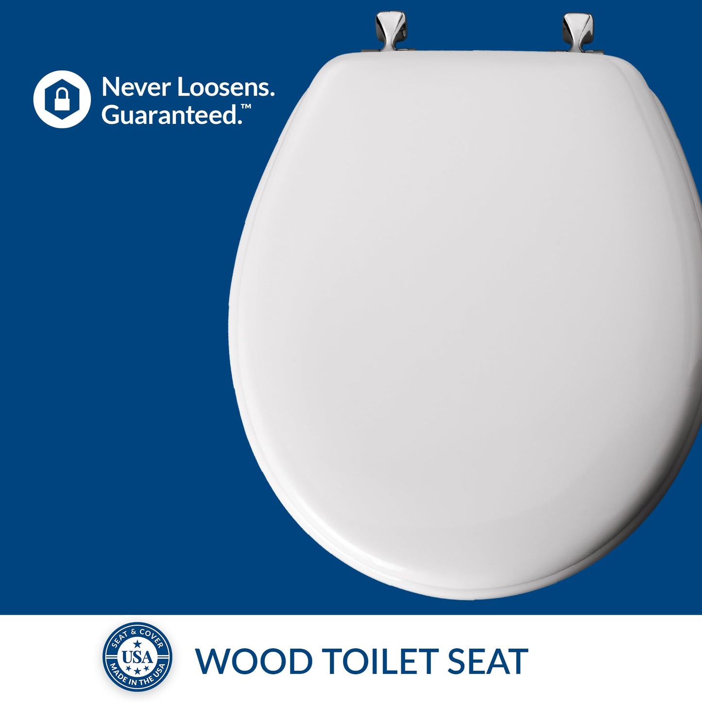 MAYFAIR 844CP 000 Edgewater Toilet Seat with Chrome Hinges will Never Come Loose, ROUND, Durable Enameled Wood, White