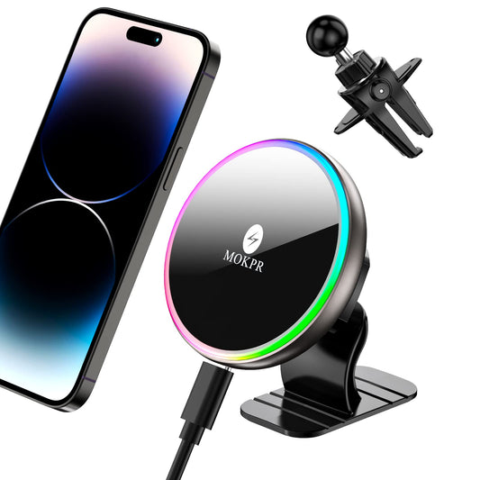 MOKPR for Magsafe Car Mount Charger-15W Wireless Car Charger-Magnetic Car Phone Holder for Dash Air Vent-LED RGB HandsFree Car Mount Fast Car Charger for iPhone 15/14/13/12 Series