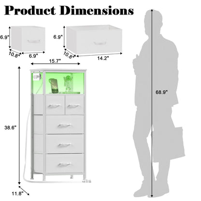 Furnulem Dresser for Bedroom, Tall Nightstand, Vertical Chest with Wood Top, Charging Station, LED Lights, 5 Fabric Bins, Bedside Table with Shelf, Furniture for Entryway, Dorm (5 Drawer, White)