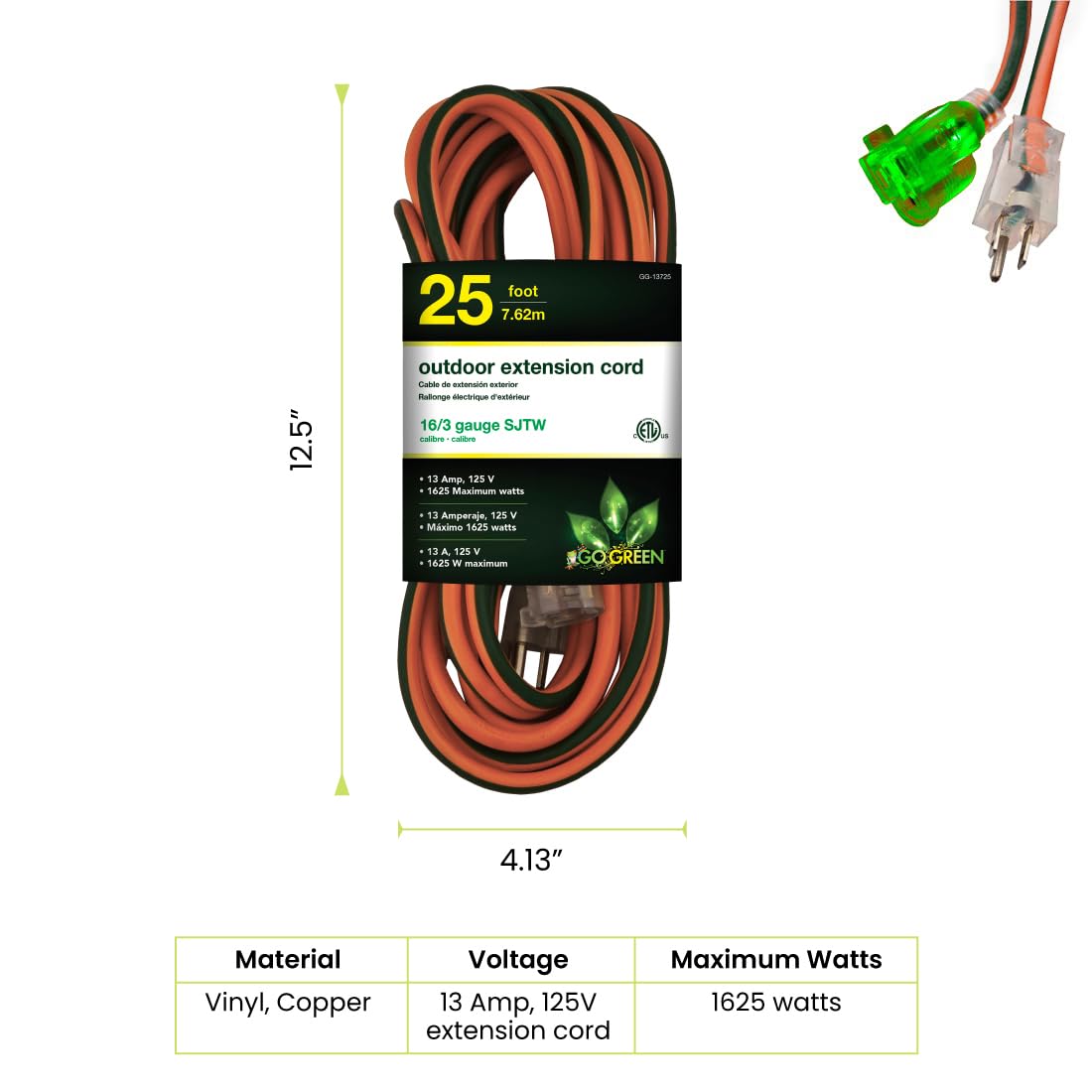 Go Green Power Inc. 16/3 25ft Outdoor Extension Cord with Lighted End - Contractor Grade, Durable, and Moisture Resistant - Ideal for Heavy Duty Tools - GG-13725