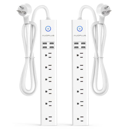 2 Pack Power Strip Surge Protector Flat Plug - 6 Widely Spaced Outlets 4 USB Charging Ports, 2100J/10A with 6Ft Long Extension Cord, Overload Surge Protection, Wall Mount for Home Office