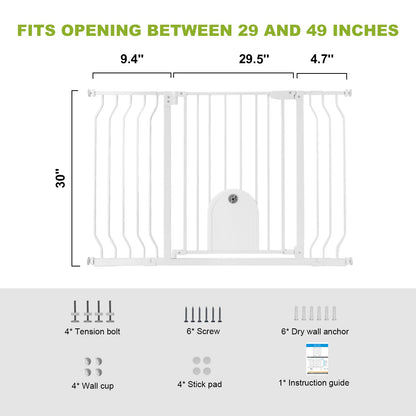 Baby Gates with Cat Door - Auto Close 29.5"-48.4" Safety Metal Dog Pet Gate for Doorway, Stairs, House, Walk Through Child Gate with Pet Door, includes 4 Wall Cups and 2 Extension Pieces