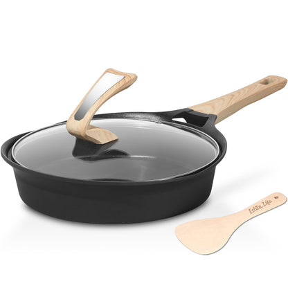 ESLITE LIFE Nonstick Deep Frying Pan Skillet with Lid, Healthy Granite Coating Egg Omelette Pan Stone Cookware Chef's Pan, PFOA Free(Black, 9.5 Inch)
