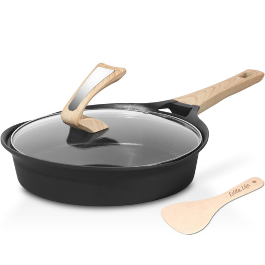 ESLITE LIFE Nonstick Deep Frying Pan Skillet with Lid, Healthy Granite Coating Egg Omelette Pan Stone Cookware Chef's Pan, PFOA Free(Black, 9.5 Inch)