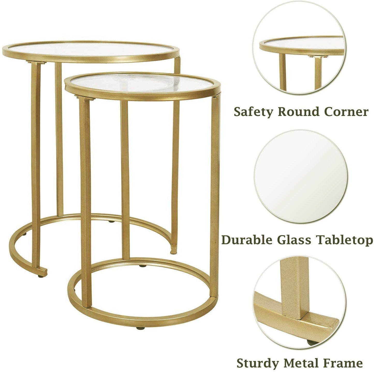 RiteSune Gold Glass Nesting Side End Tables Set of 2, Round Small Stacking Drink Coffee Table for Small Space, Living Room, Bedroom, Christmas, New Year