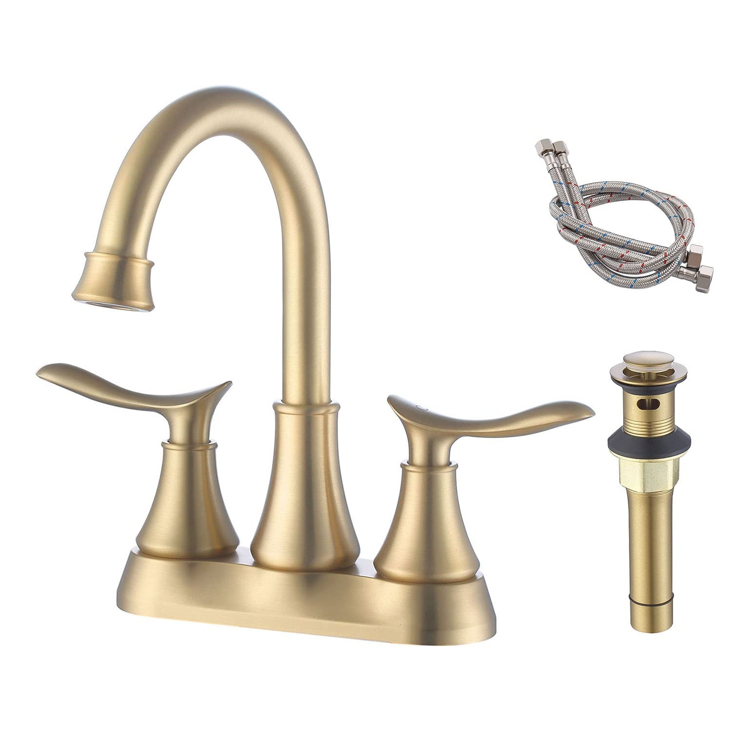 GELE Bathroom Faucet Brushed Gold with Pop up Drain & Supply Hoses 2-Handle 360 Degree High Arc Swivel Spout Centerset 4 Inch Vanity Sink Faucet