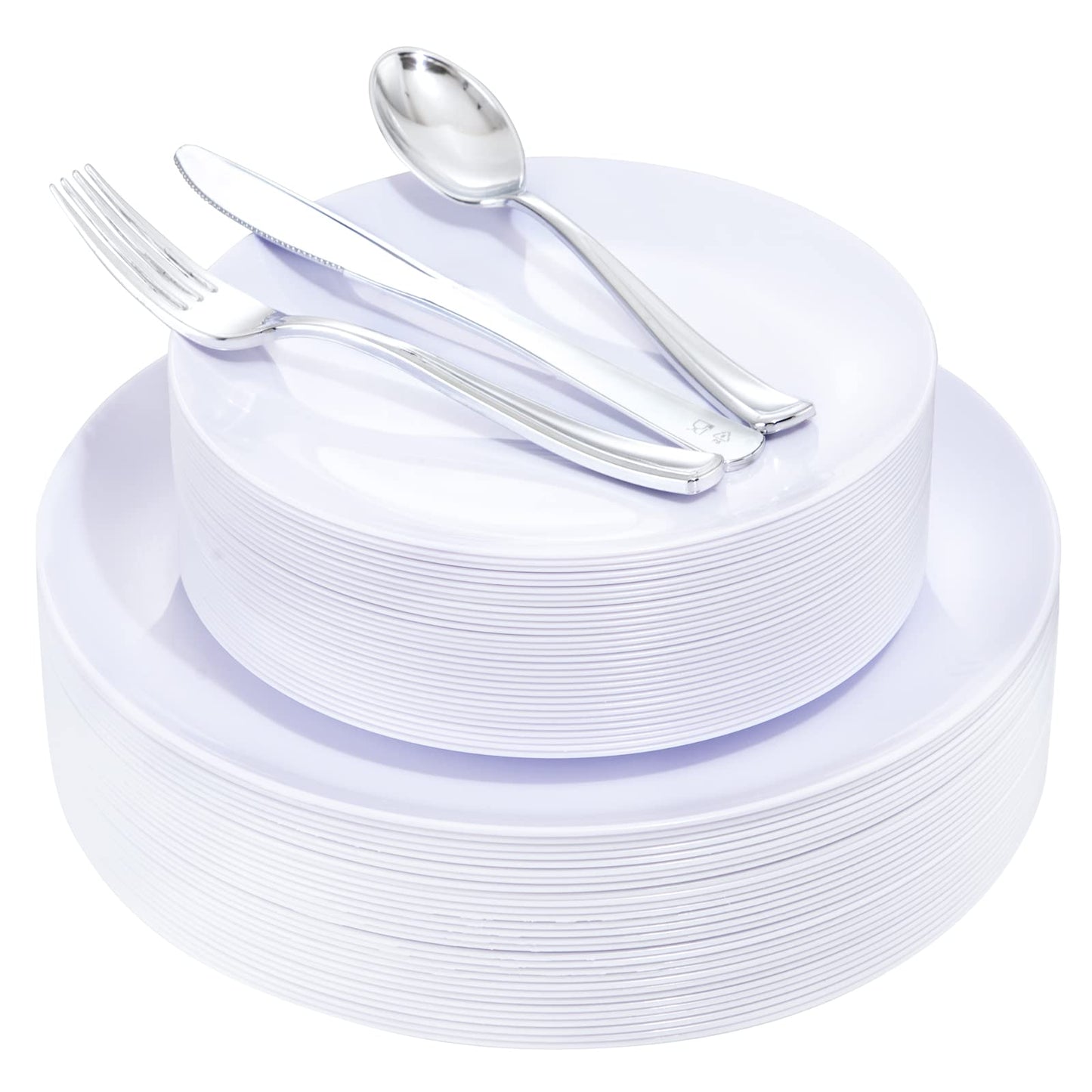 UPDATE: DEAD ❗ YOUBET 150 PCS White Plastic Plates & Silver Plastic Silverware-White and Silver Plastic Dinnerware include 30White Dinner Plates, 30 White Plates, 30Silver Cutlery Perfect for Wedding Party