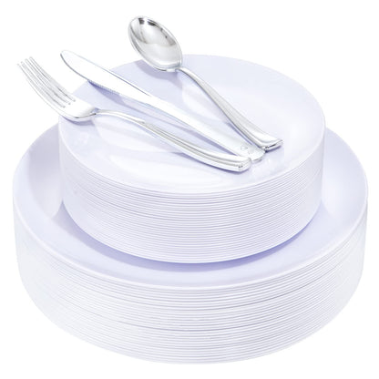 UPDATE: DEAD ❗ YOUBET 150 PCS White Plastic Plates & Silver Plastic Silverware-White and Silver Plastic Dinnerware include 30White Dinner Plates, 30 White Plates, 30Silver Cutlery Perfect for Wedding Party
