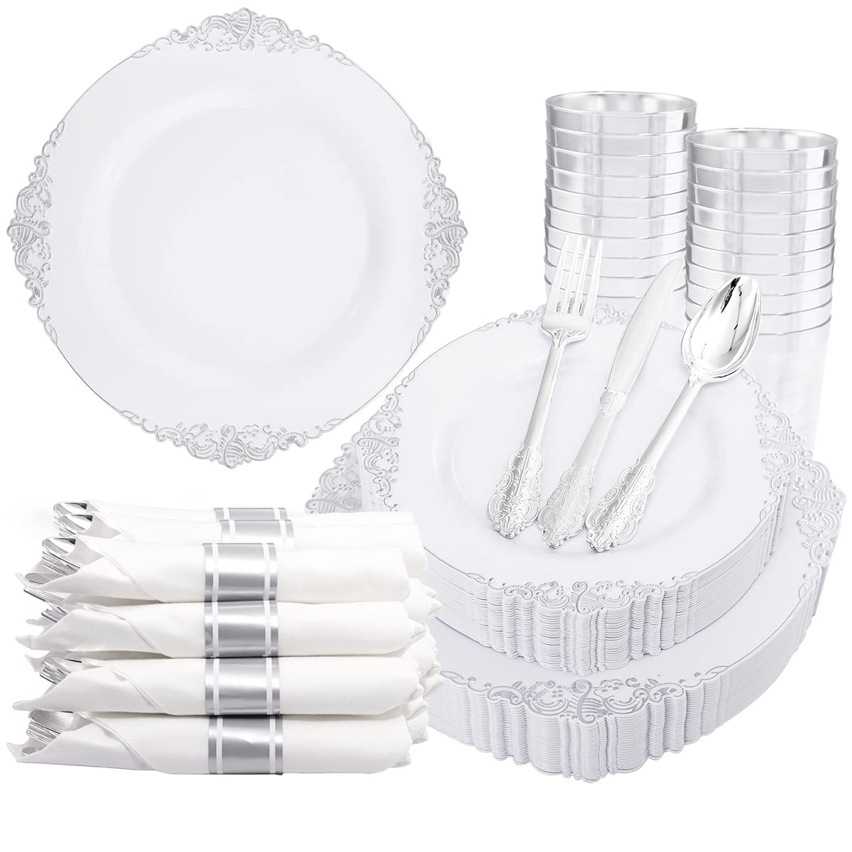 Silver Disposable Dinnerware Set for 50 Guests