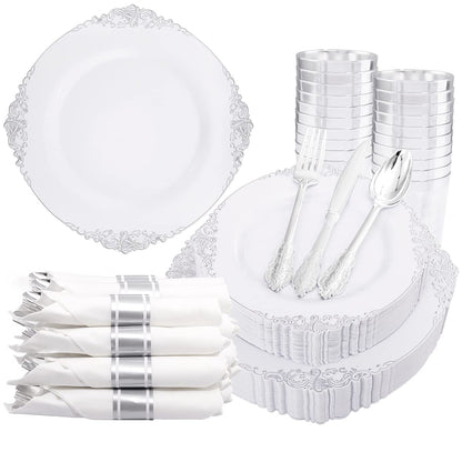 Silver Disposable Dinnerware Set for 50 Guests