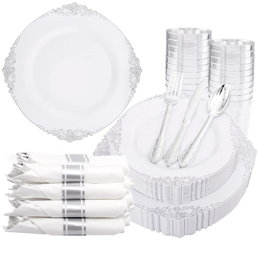 Silver Disposable Dinnerware Set for 50 Guests