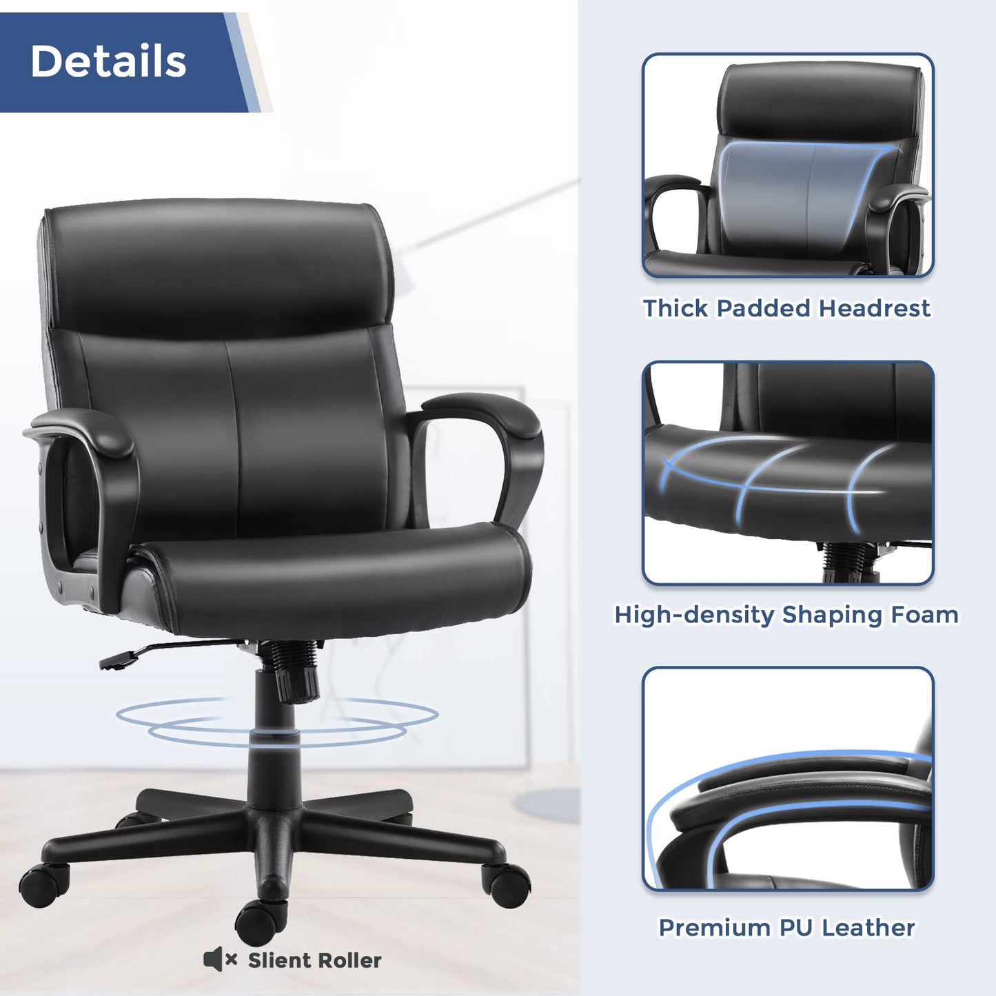 Office Chair Mid Back Desk Chair Adjustable High Ergonomic Computer PU Leather Chair with Lumbar Support Study Chair