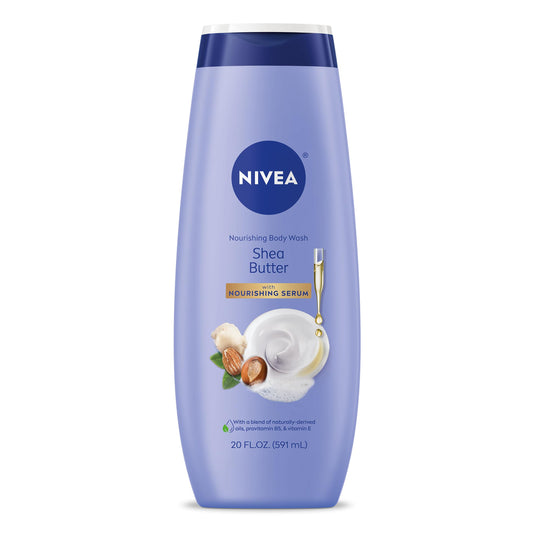 NIVEA Shea Butter Nourishing Body Wash, Moisturizing Body Wash with Nourishing Serum, Plant-Derived Oils, Essential Skin Lipids and Vitamins, 20 Fl Oz Bottle